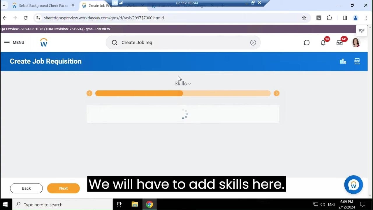 Skills section loading after clicking Next