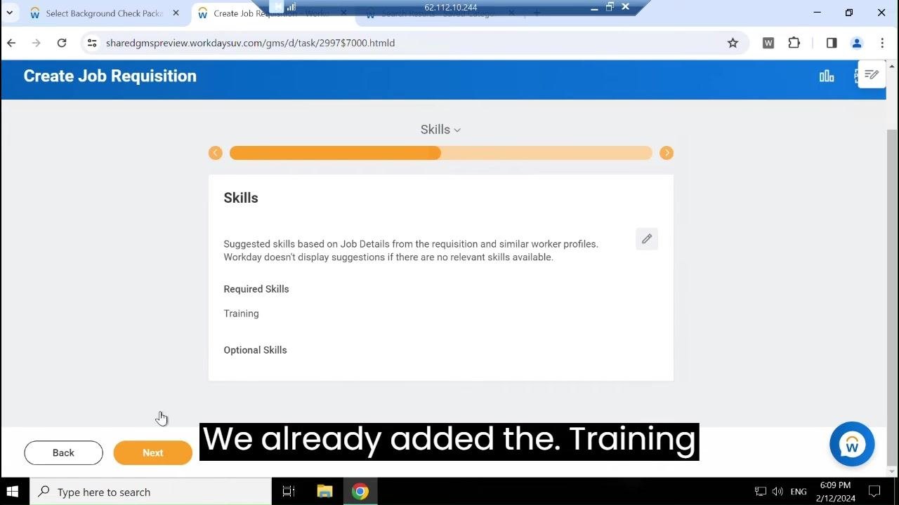Skills section showing "Training" under Required Skills and the Optional Skills area