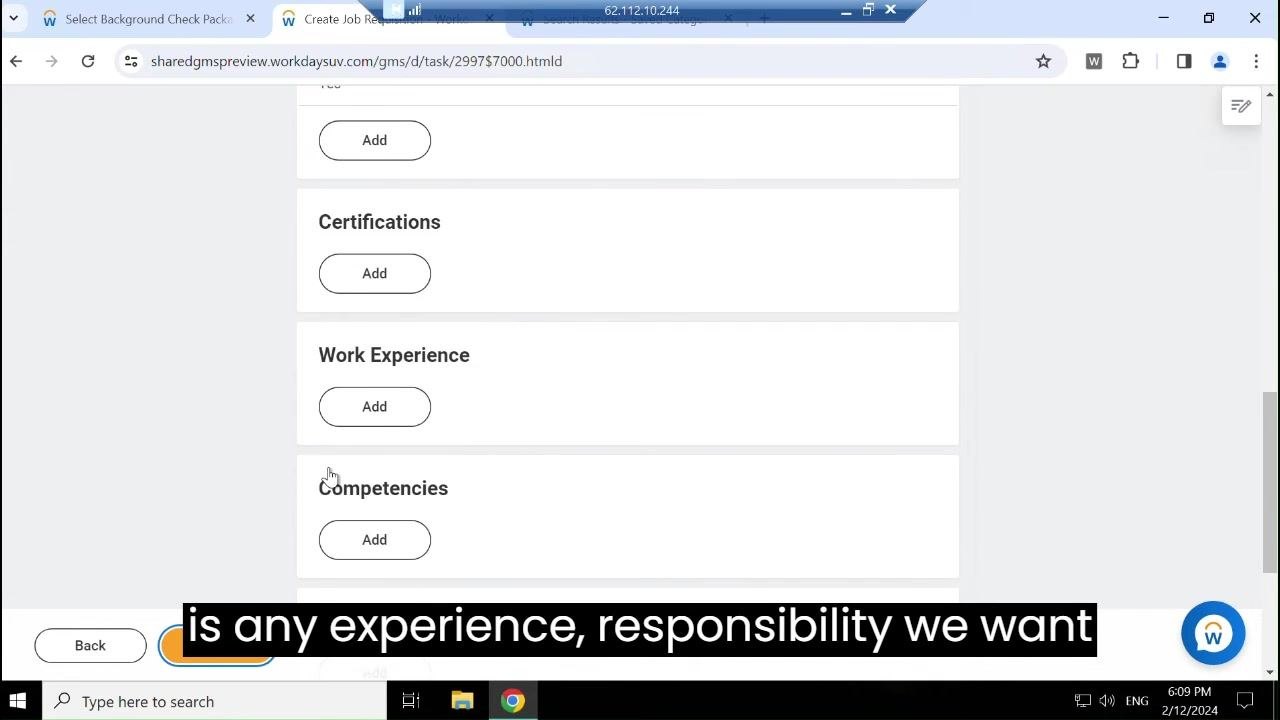 Certifications, Work Experience, and Competencies sections, each with an Add button