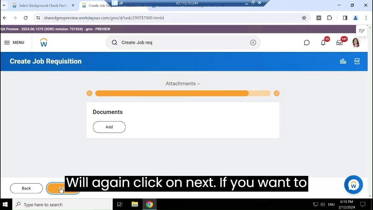 Attachments screen with an Add button for documents and the cursor clicking Next