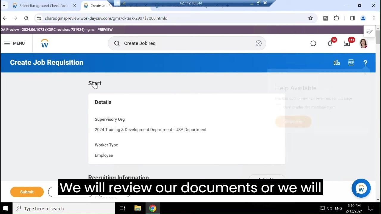 Summary review screen showing the Supervisory Org and Worker Type details