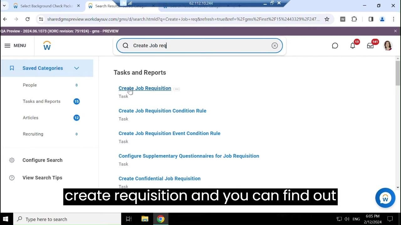 Cursor selecting "Create Job Requisition" from the search results