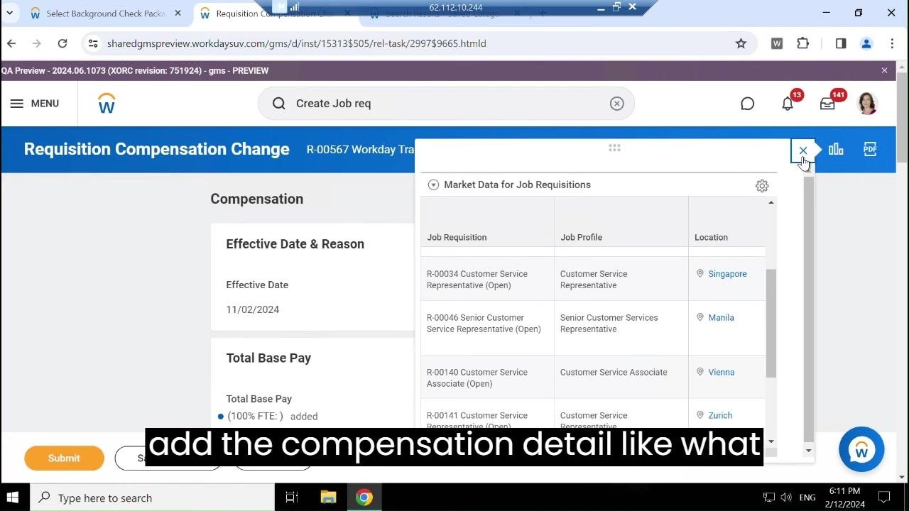 Requisition Compensation Change screen showing the Effective Date, Total Base Pay, and the Market Data for Job Requisitions panel