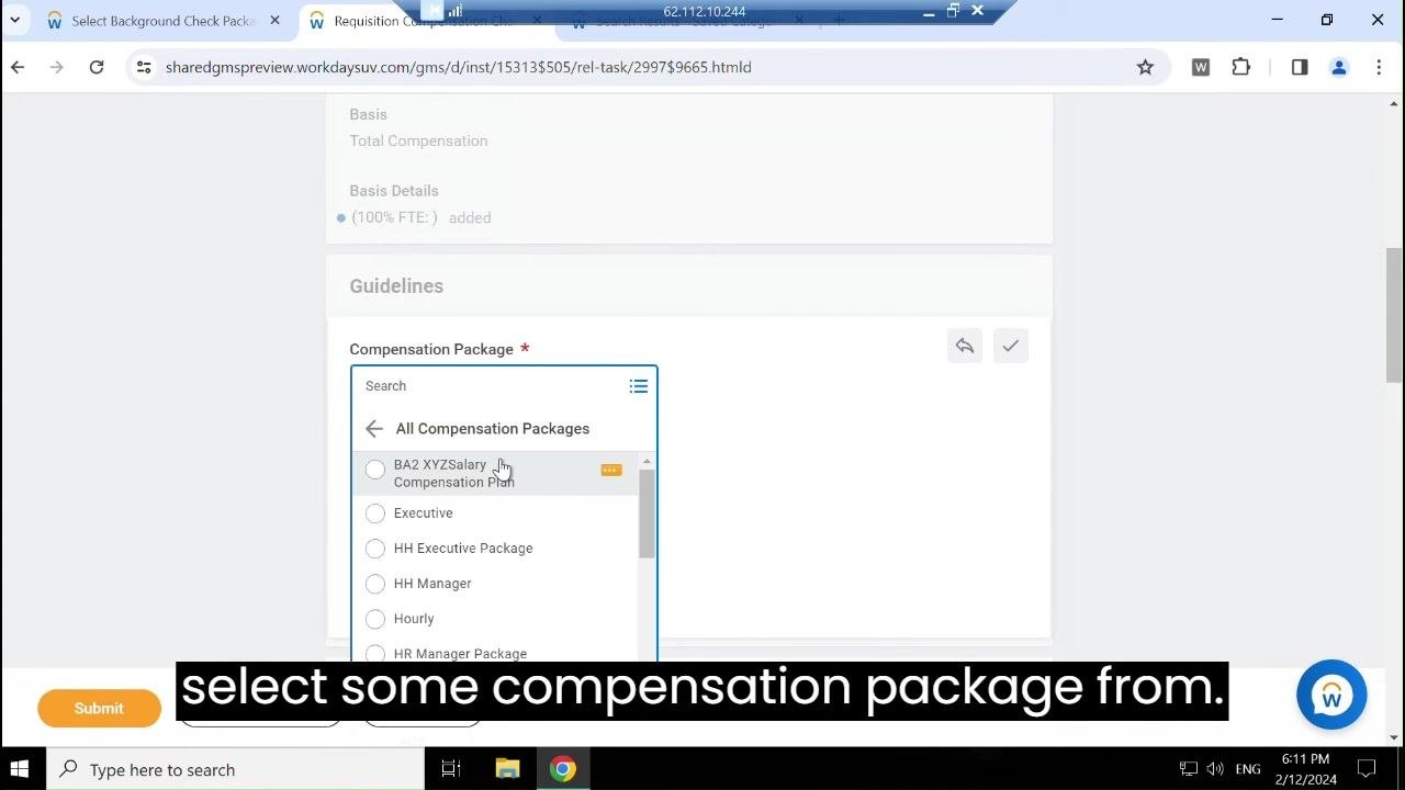 Compensation Package dropdown open, showing options such as BA2 XYZ Salary Compensation Plan, Executive, HH Executive Package, HH Manager, Hourly, and HR Manager Package, with the cursor selecting an option