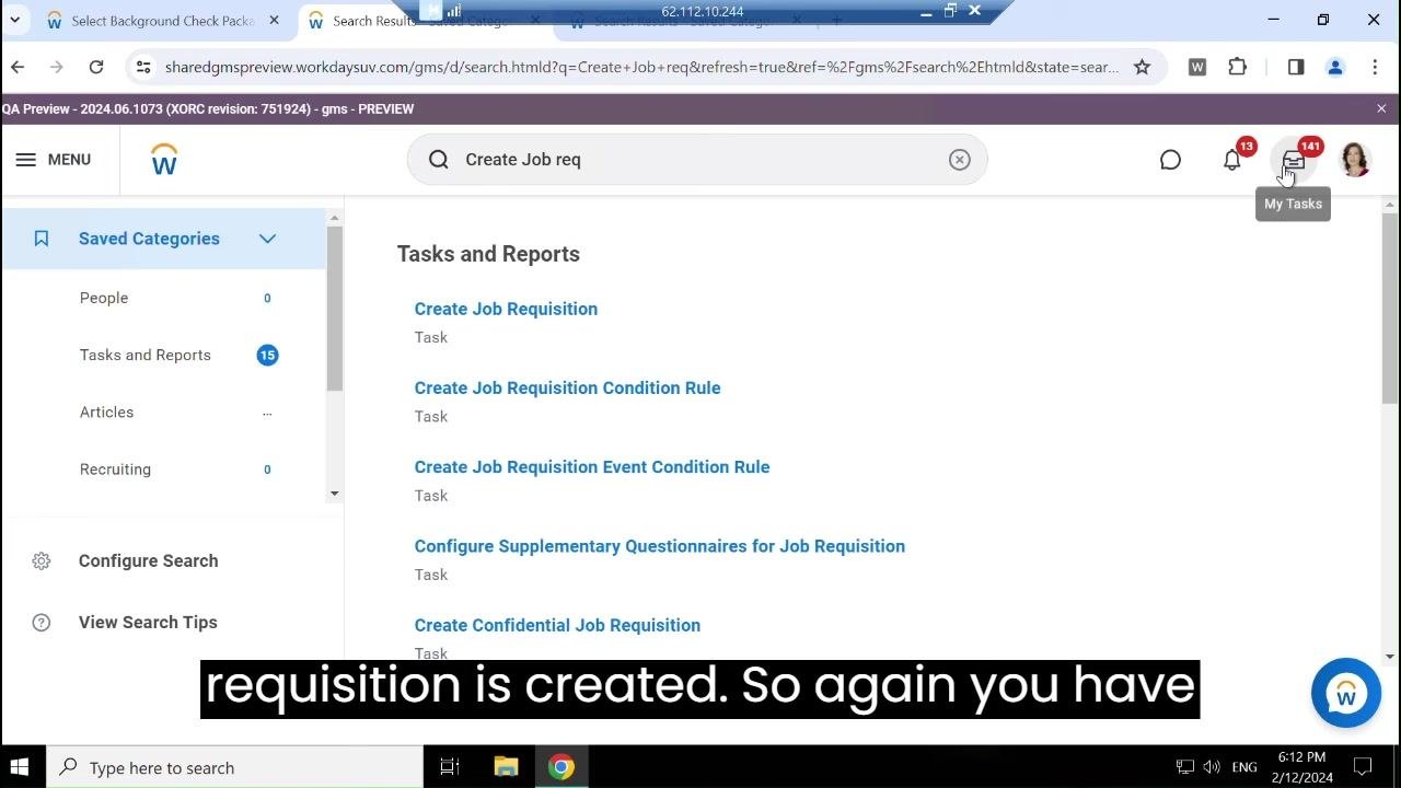 Workday search screen with "Create Job req" entered and a list of tasks and reports displayed