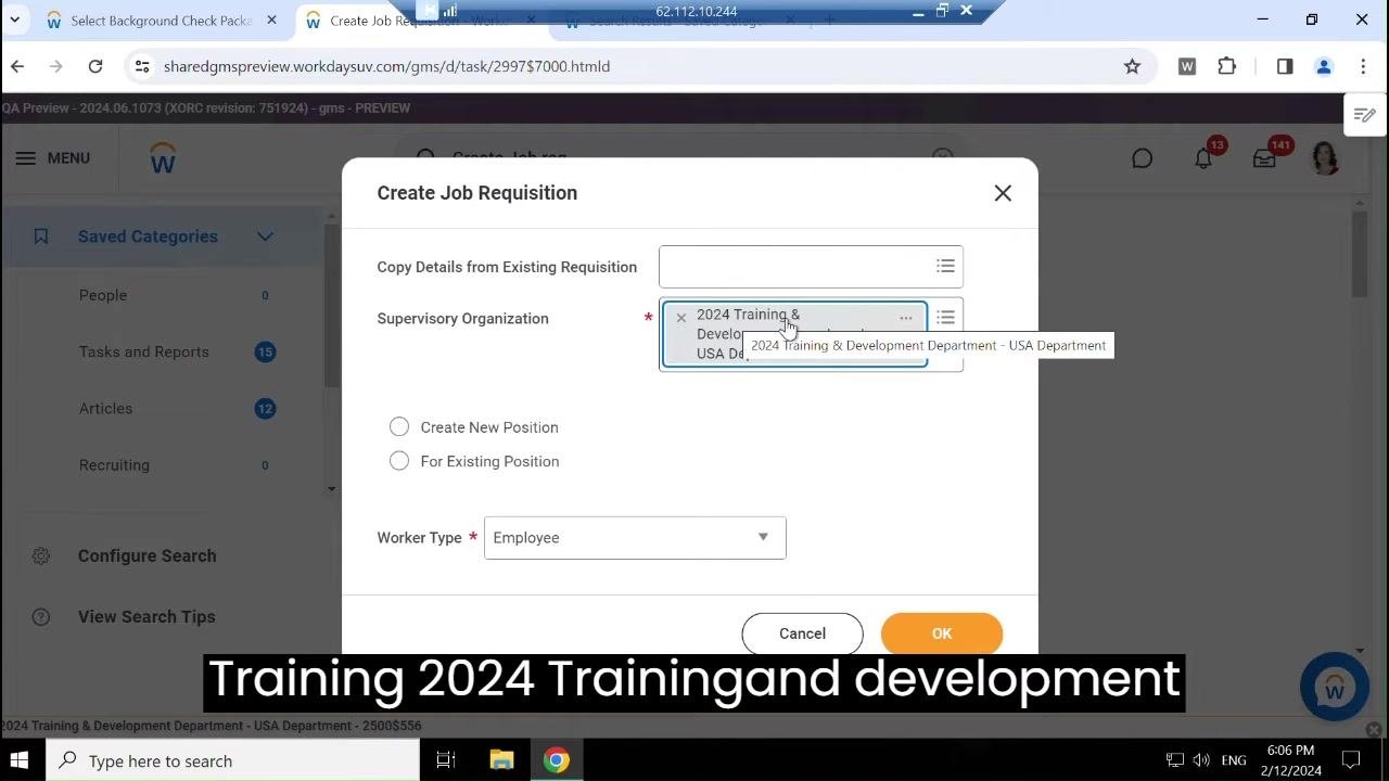 Selecting "2024 Training & Development Department - USA Department" as the Supervisory Organization
