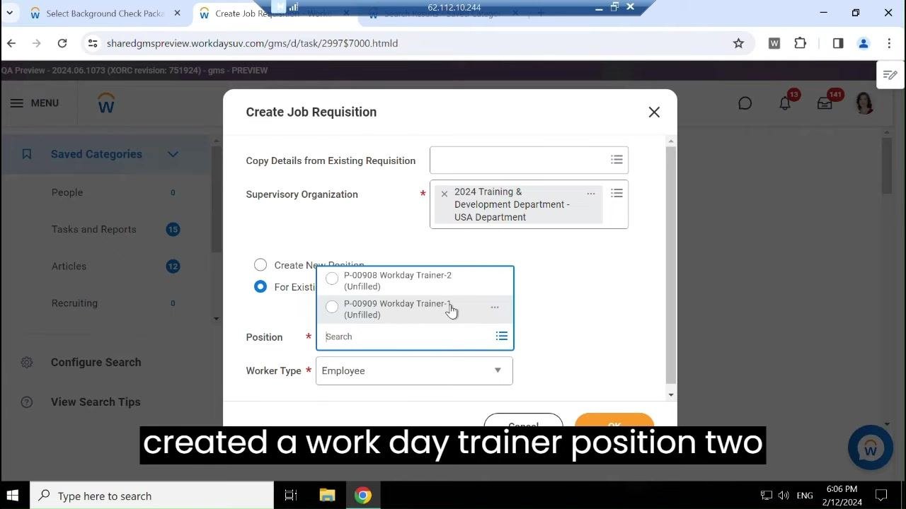 Selecting an unfilled Workday Trainer position for the requisition