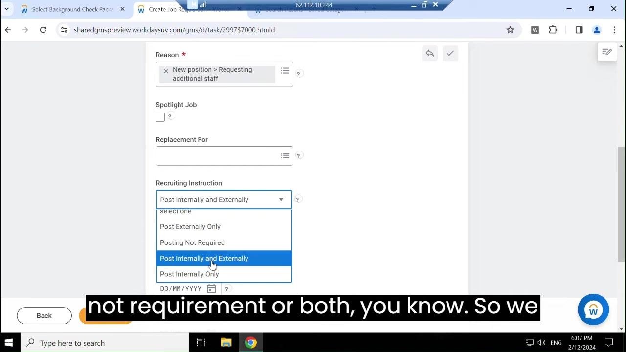 Recruiting Details section with the Recruiting Instruction dropdown open and "Post Internally and Externally" highlighted