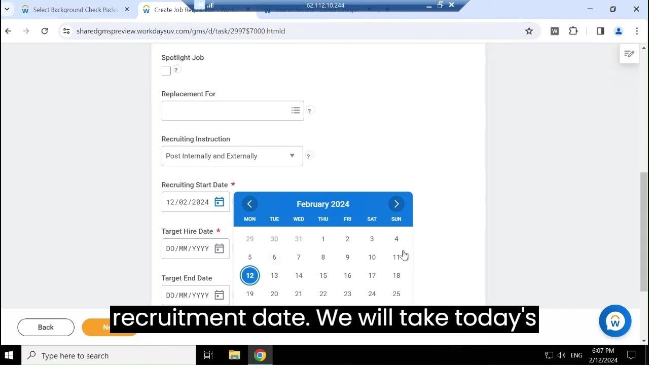 Recruiting Details section with the calendar open for date selection