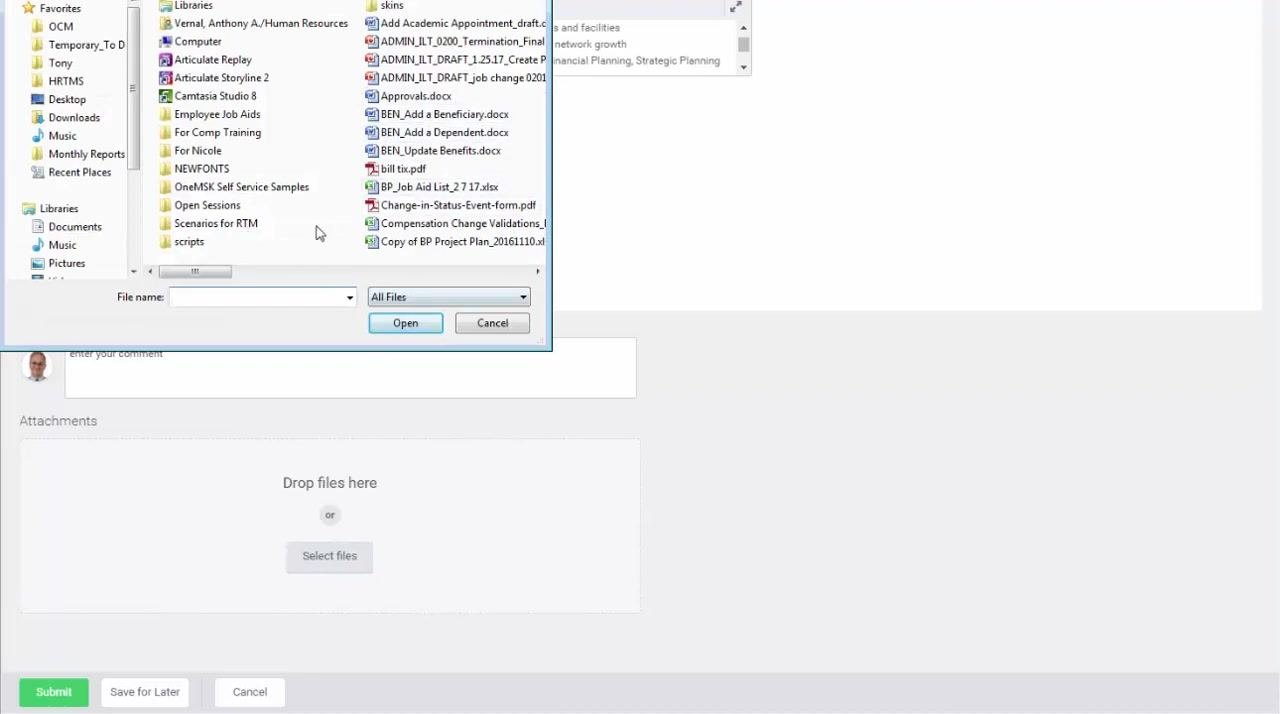 File selection dialog open for attaching supporting documents to the position request.