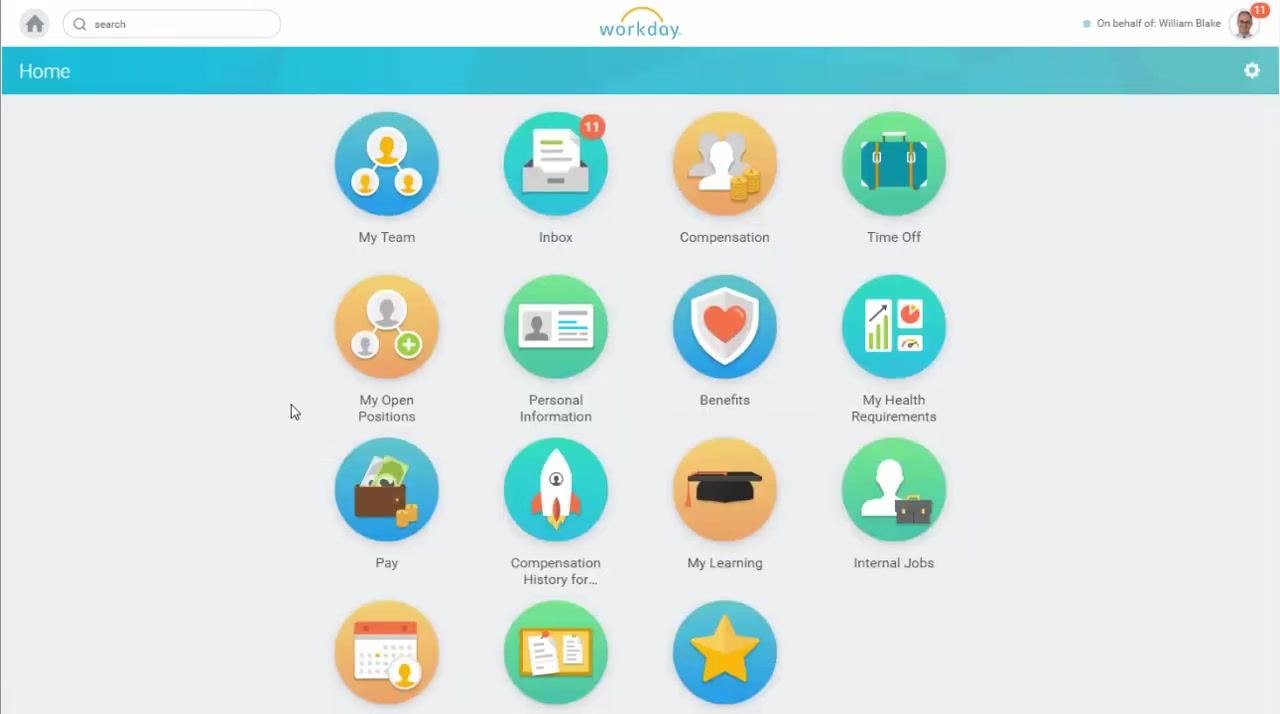 Workday home screen showing the My Open Positions worklet among other icons, including My Team, Inbox, Compensation, Time Off, Personal Information, Benefits, My Health Requirements, Pay, My Learning, Internal Jobs, and Compensation History.