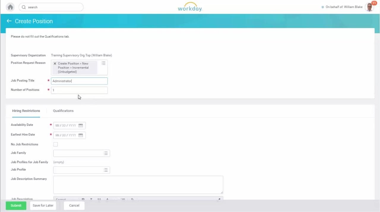 Create Position form with Job Posting Title set to "Administrator" and Number of Positions set to "1".