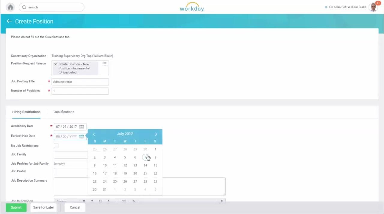 Create Position form with the calendar open for selecting an Availability Date of July 7, 2017.