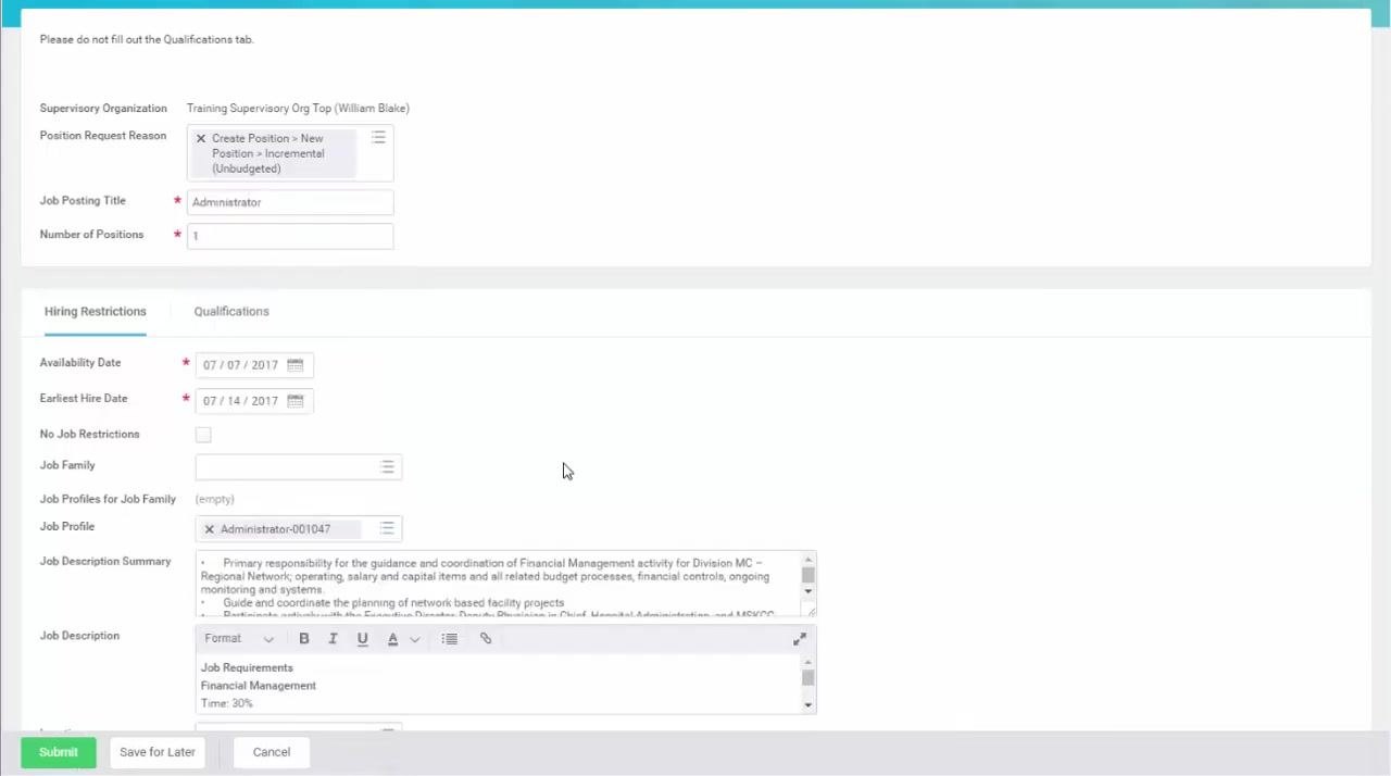 Create Position form with the Job Profile dropdown open, showing options such as Admin Coord, Administrator-001047, and Admin Mgr.
