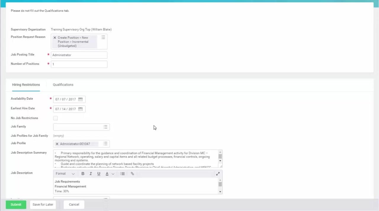 Create Position form with the Job Profile selected and the Job Description fields auto-populated with a summary and detailed responsibilities.