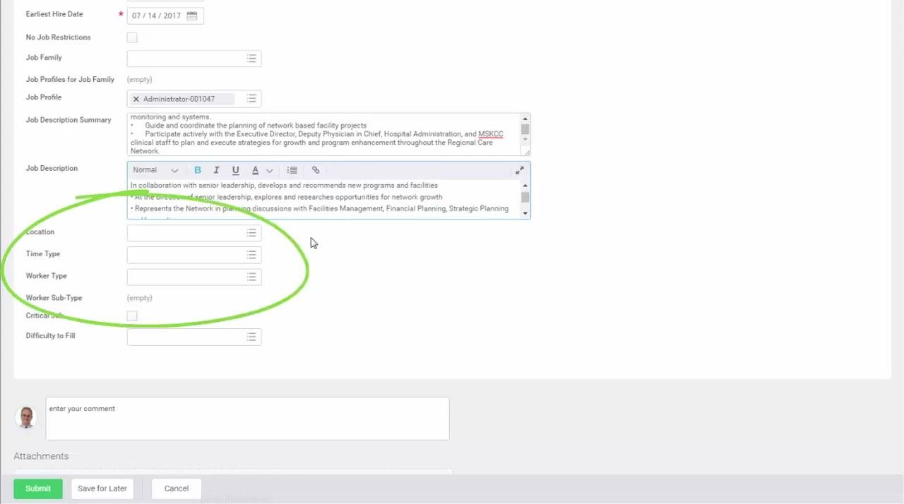 Create Position form highlighting the Location, Time Type, Worker Type, and Worker Sub-Type fields.