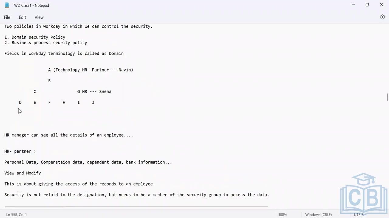 A Notepad window reiterates the two security policies and domain assignments, emphasizing the role of the Domain Security Policy.