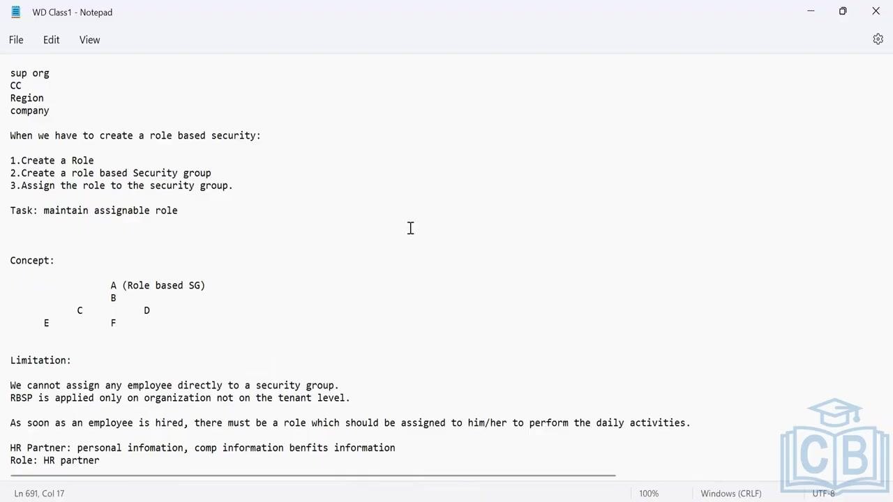 Notepad window showing steps for creating a role-based security group, assignment limitations, and an example HR Partner role.