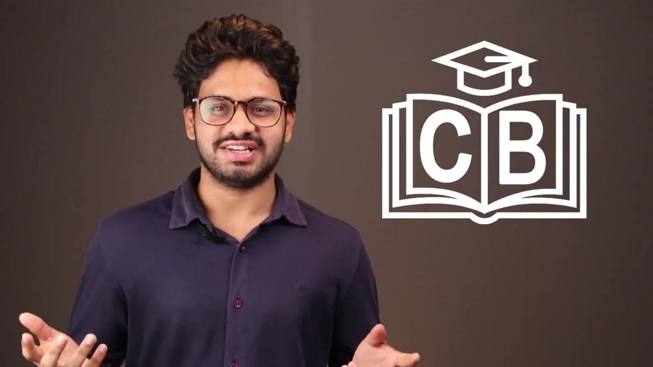 A presenter stands in front of a plain background, wearing glasses and a dark shirt, gesturing with both hands. To the right, a large white logo shows an open book with the letters "CB" and a graduation cap above it.