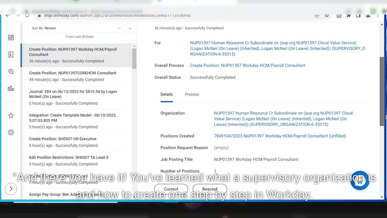 Workday inbox screen showing confirmation and notification of successful supervisory organization creation