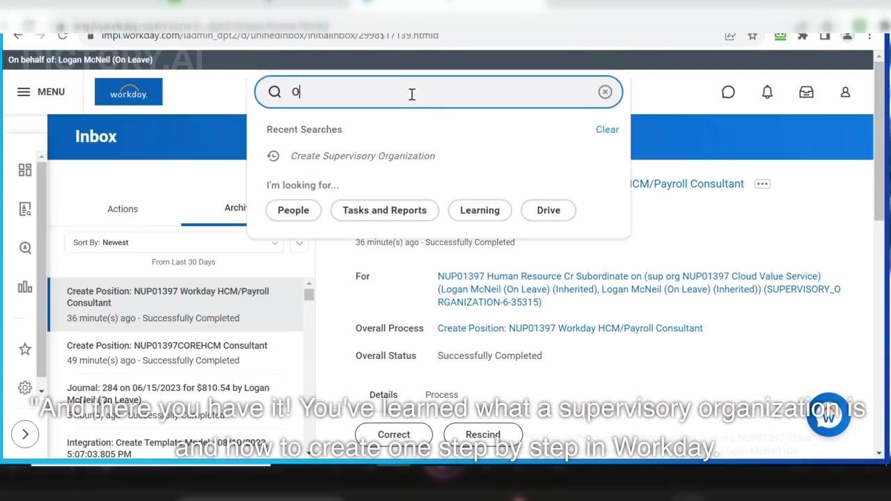 Workday search bar in use, showing recent searches and options for people, tasks, and reports