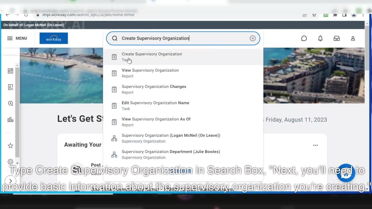 Workday Home dashboard with the search bar in use, typing 'Create'