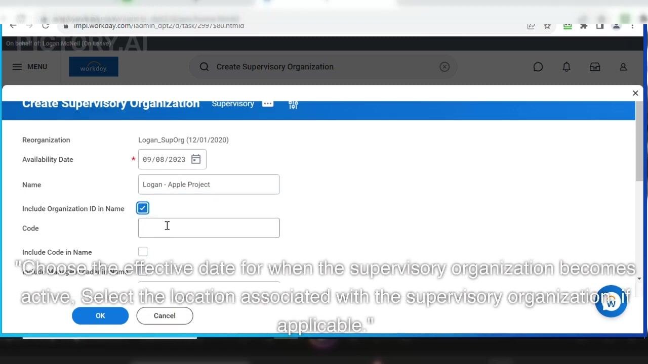 Workday form for creating a supervisory organization, showing availability date, name, code, and name-related checkboxes