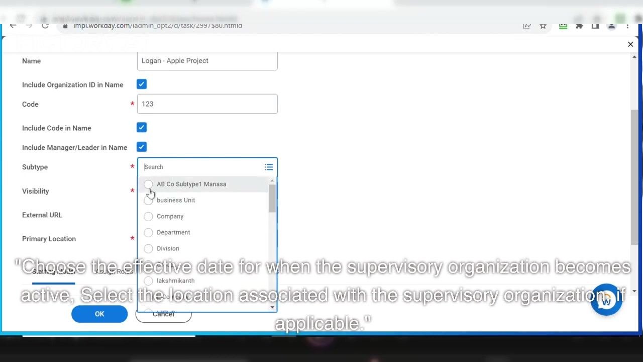 Workday form showing subtype and visibility dropdowns, code entered as '123', and the primary location field