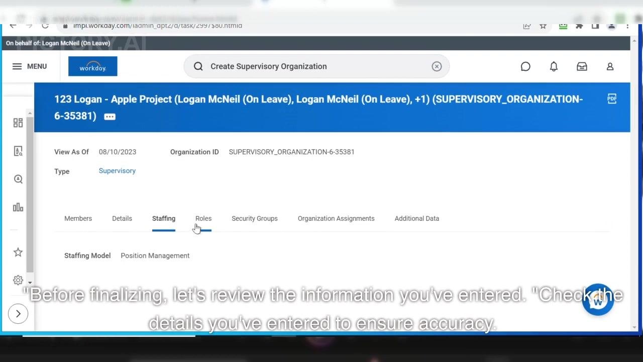 Workday screen with tabs for Members, Details, Staffing, Roles, Security Groups, Organization Assignments, and Additional Data, with the cursor on the Roles tab