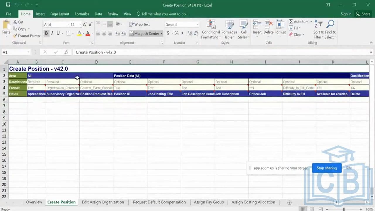 Create Position tab in Excel showing required and optional fields, data formats, and field names for position entry.