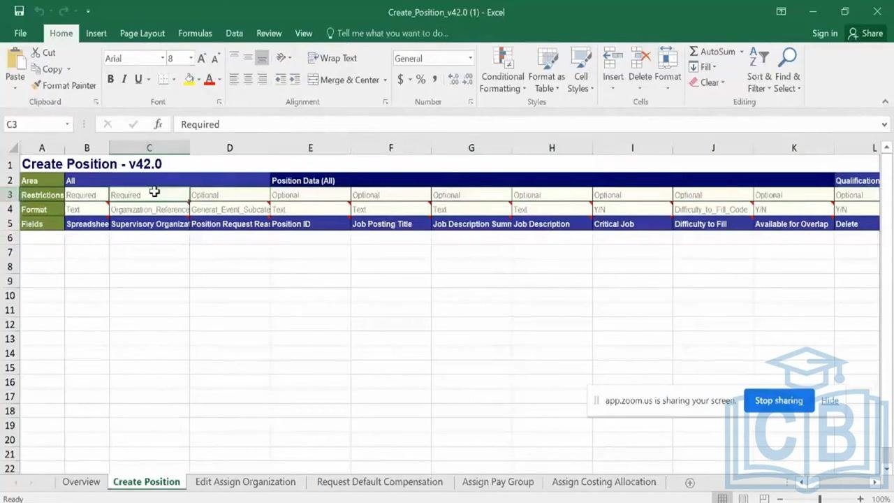 Create Position tab in Excel with required and optional fields highlighted.