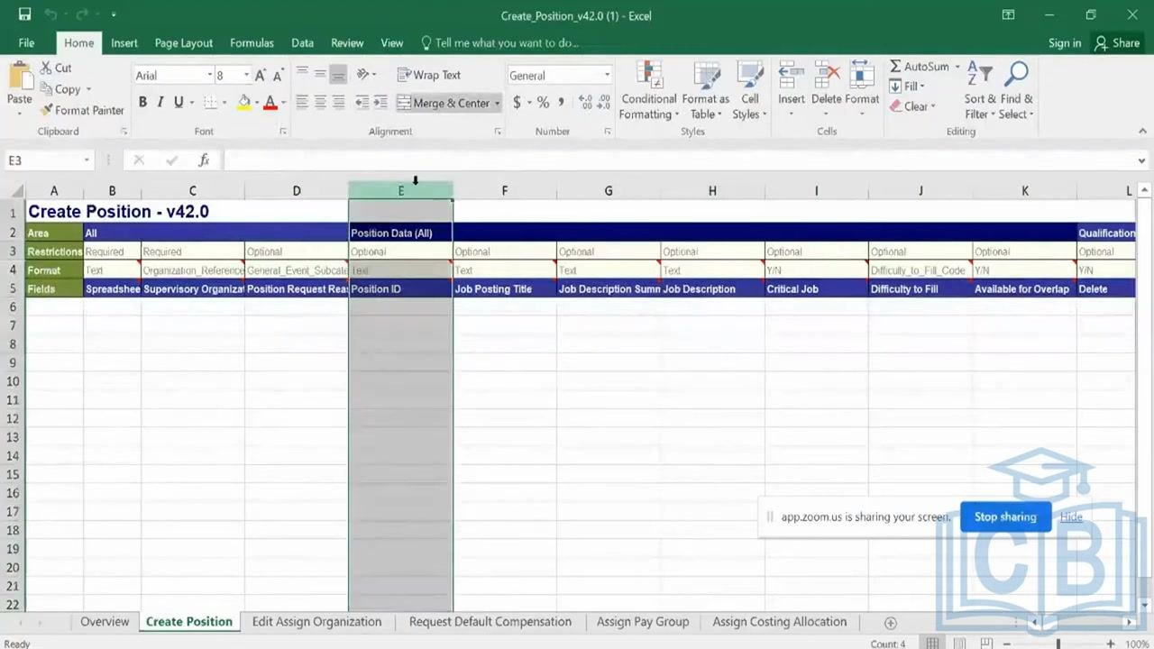 Excel Create Position tab with the Position ID column highlighted as optional.