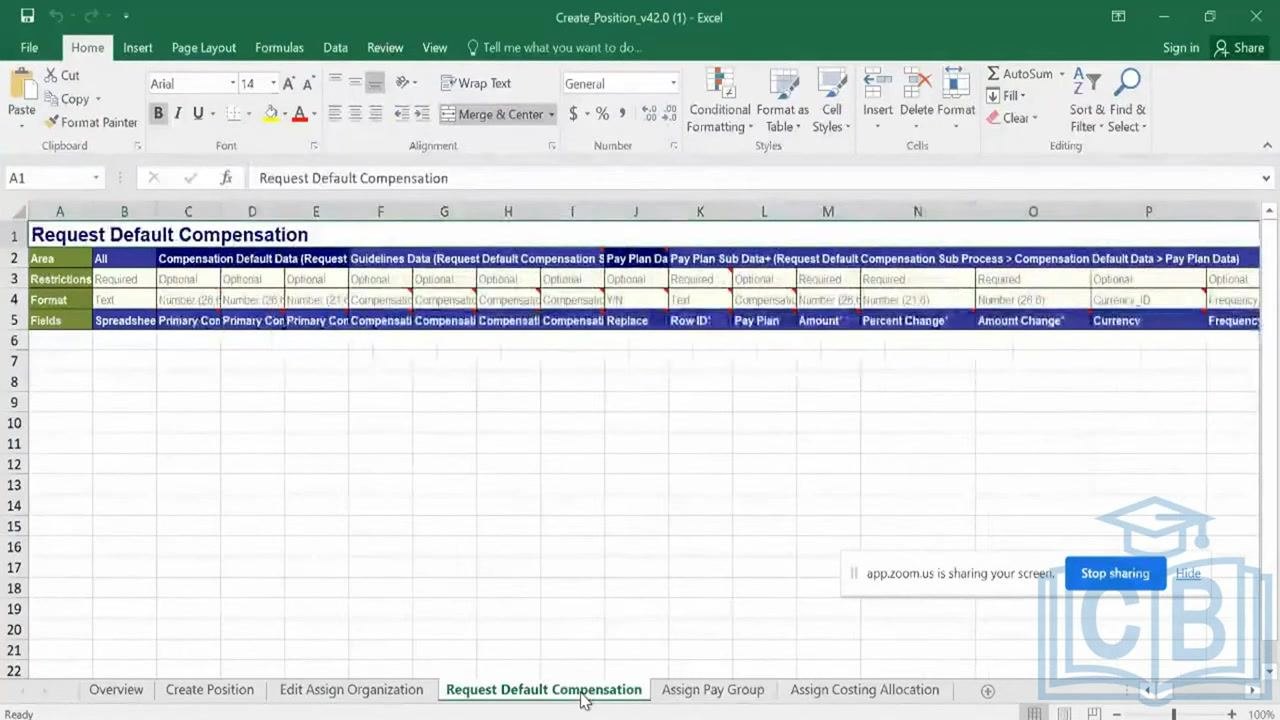 Excel Create Position tab with the cursor moving to the next column, showing the Restrictions row.