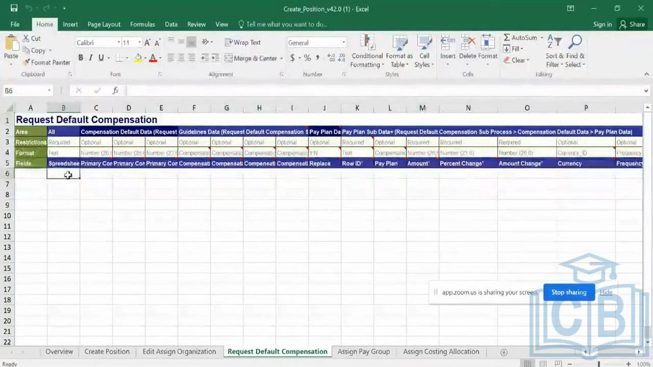 Excel Request Default Compensation tab showing the capacity to enter large amounts of data for batch processing.