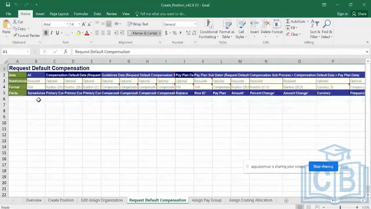 Excel spreadsheet with multiple tabs visible at the bottom, including Create Position and Request Default Compensation.