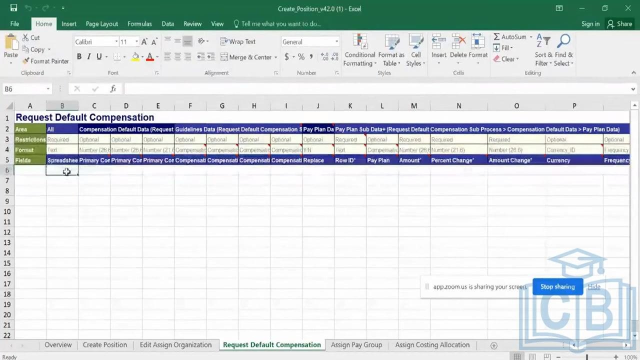 Excel Request Default Compensation tab showing required and optional fields with the Restrictions row and multiple data columns.