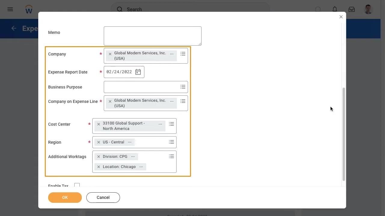 Expense report fields auto-populated, including Company, Expense Report Date, Company on Expense Line, Cost Center, Region, and Additional Worktags