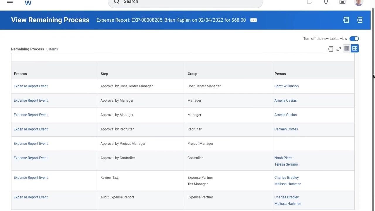 Expense report submission confirmation screen showing the Details and Process section, status, and report number