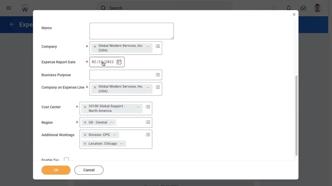 Expense Report Date field being edited to 02/04/2022