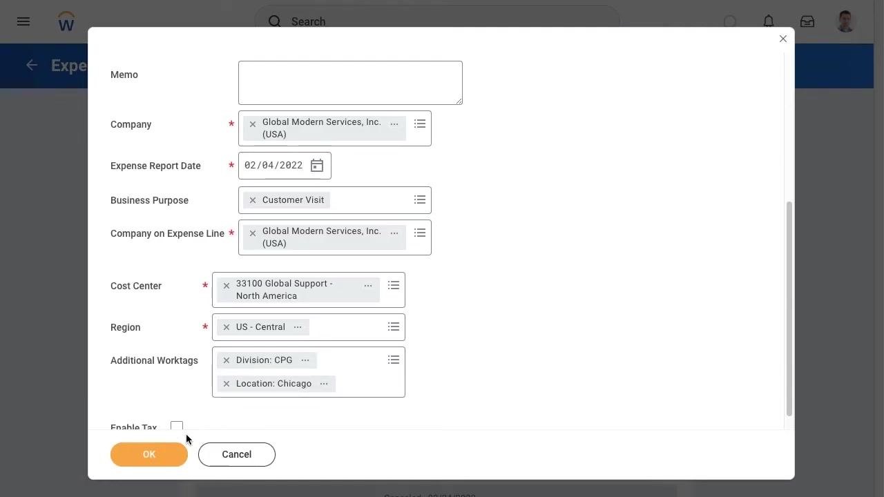 Create Expense Report dialog with all required fields completed and the OK button highlighted