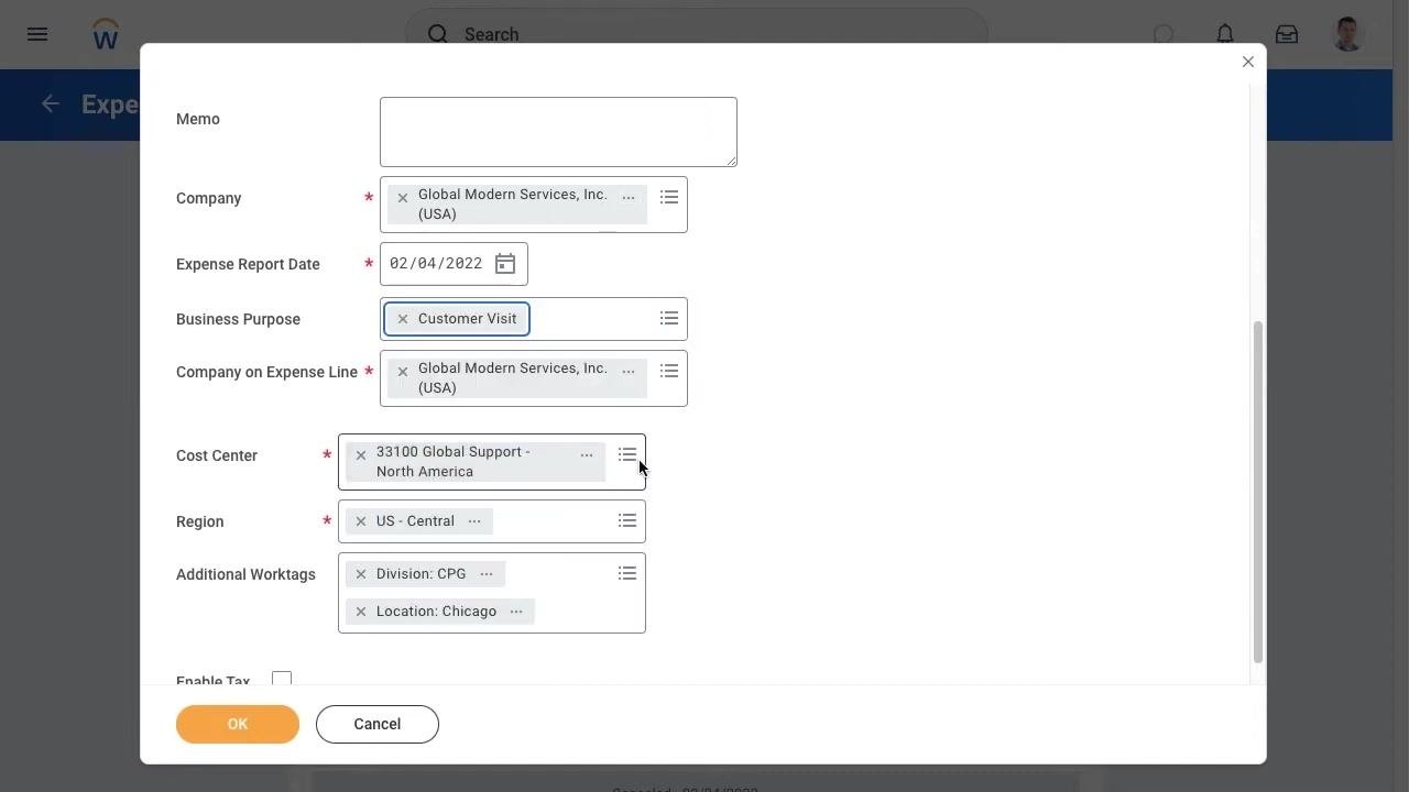 Expense Lines tab with the Add button highlighted, a receipt already uploaded, and expense line details visible