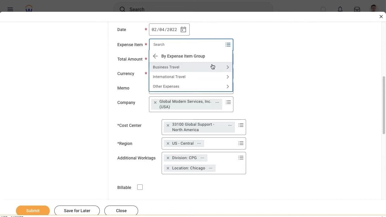 Expense line entry with the Expense Item selection menu open, showing options such as Business Travel, International Travel, and Other Expenses