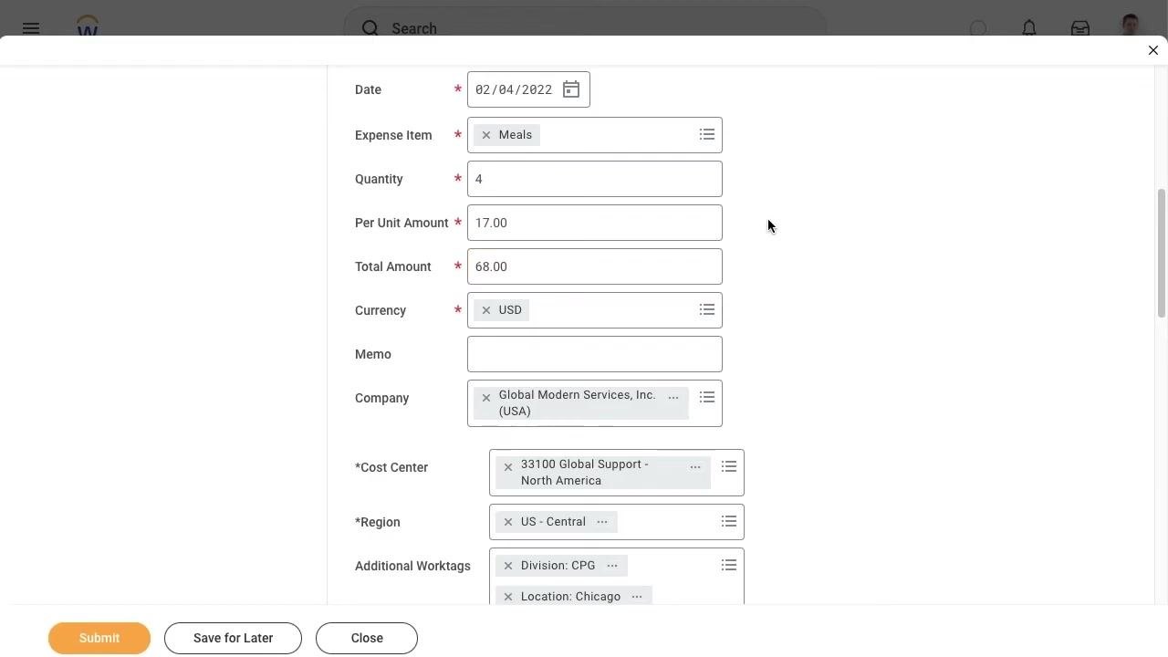 Expense line entry showing Quantity = 4, Per Unit Amount = 17.00, Total Amount = 68.00, Currency = USD, and other auto-populated fields