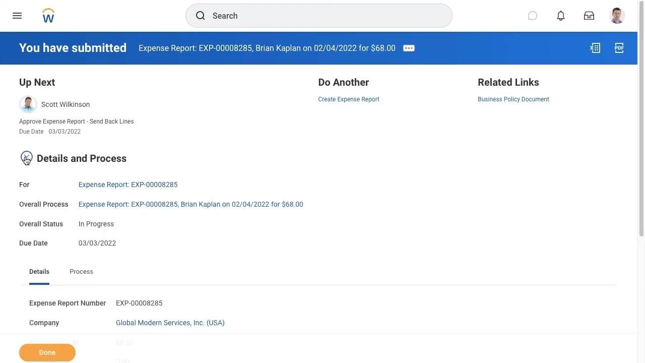 Item Details section completed with attendees and business topic entered, and the Submit button highlighted