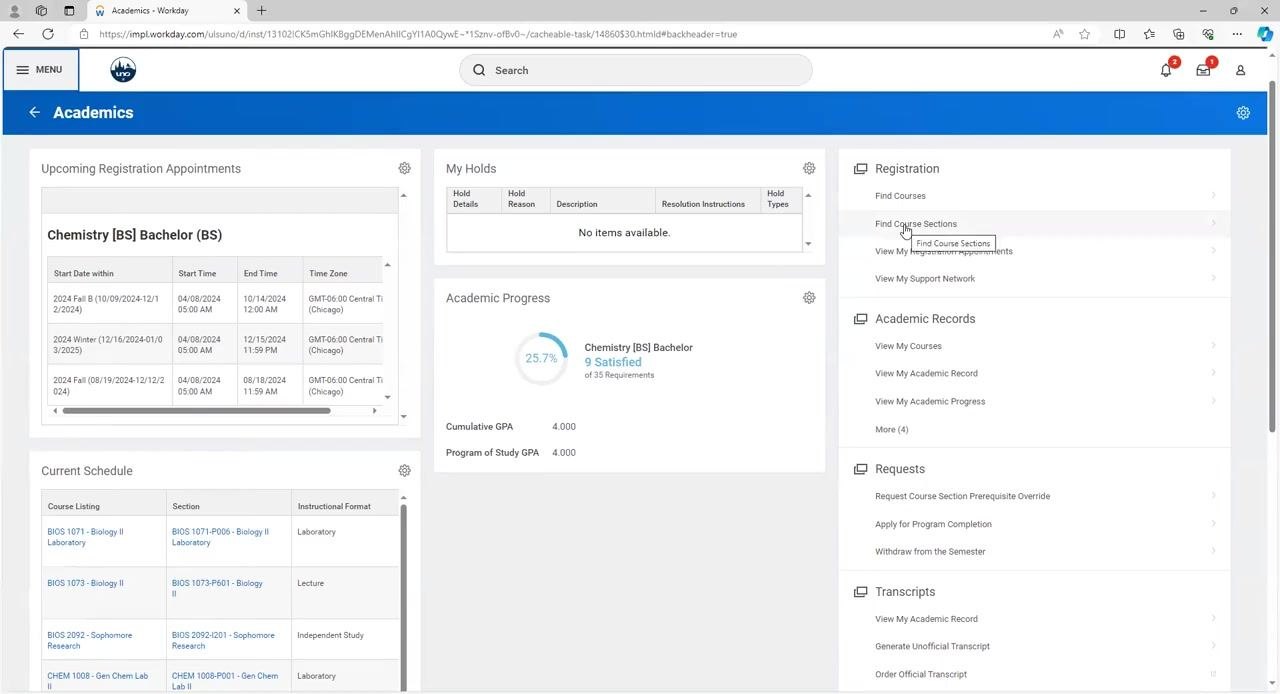 Academics dashboard showing registration appointments, current schedule, academic progress, and navigation panels