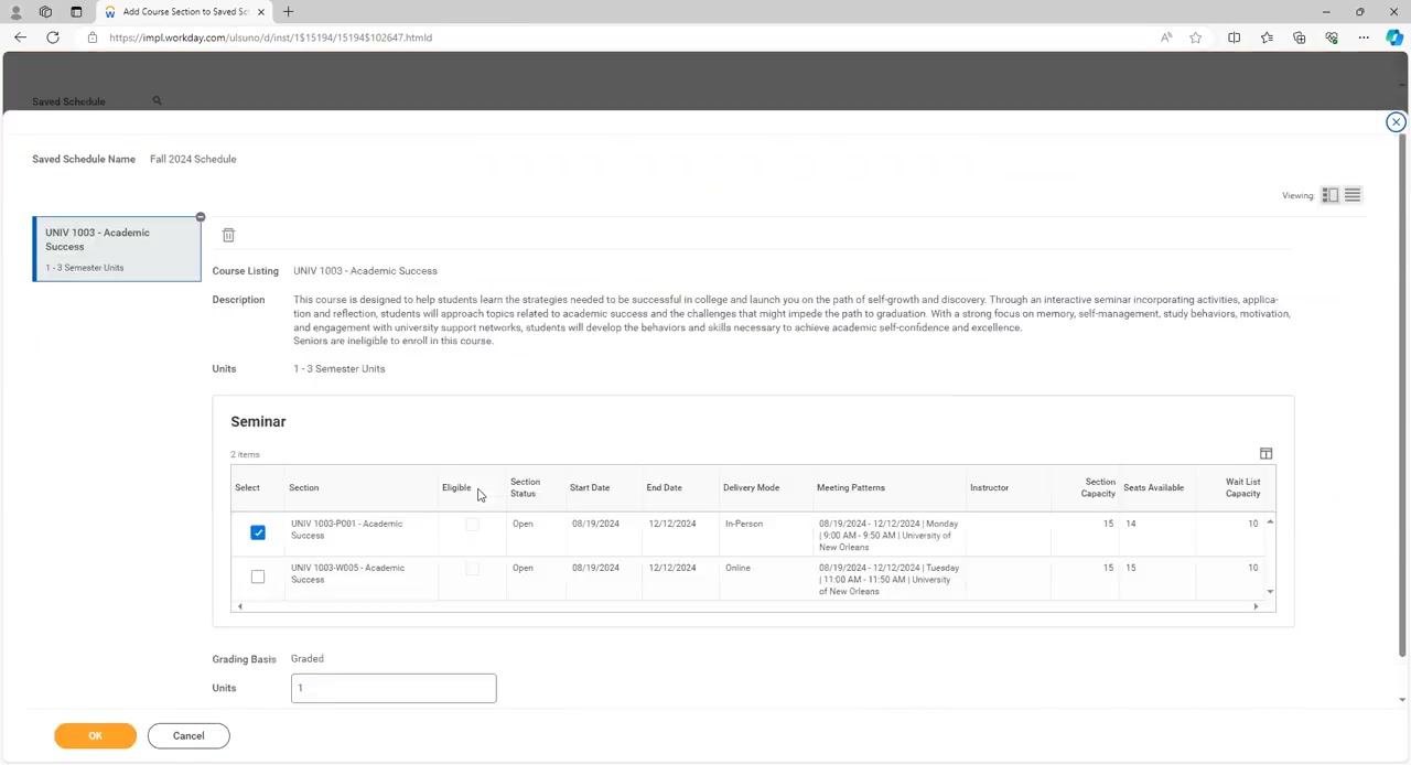 Saved Schedule dialog showing course details, section selection, and available seats