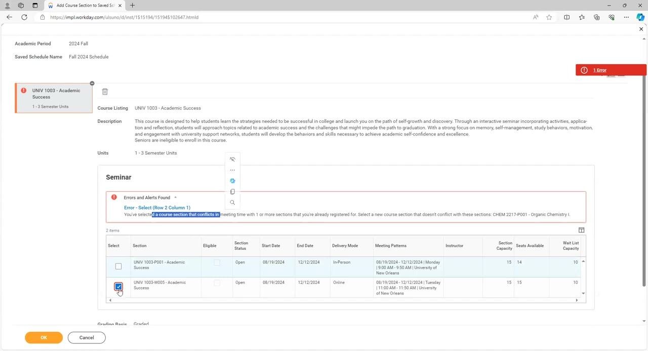 Error message displayed for a course section time conflict, showing both in-person and online sections, with the online section selected and an error highlighted