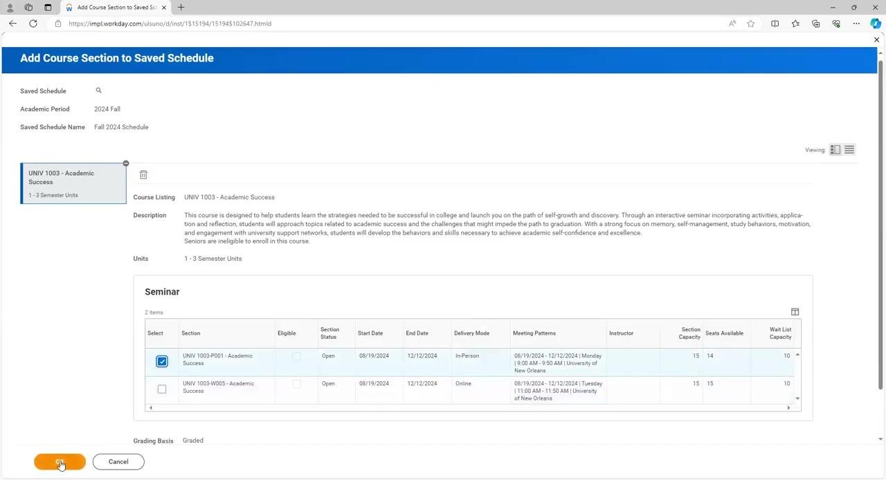Add Course Section to Saved Schedule dialog with the in-person section selected and the OK button highlighted