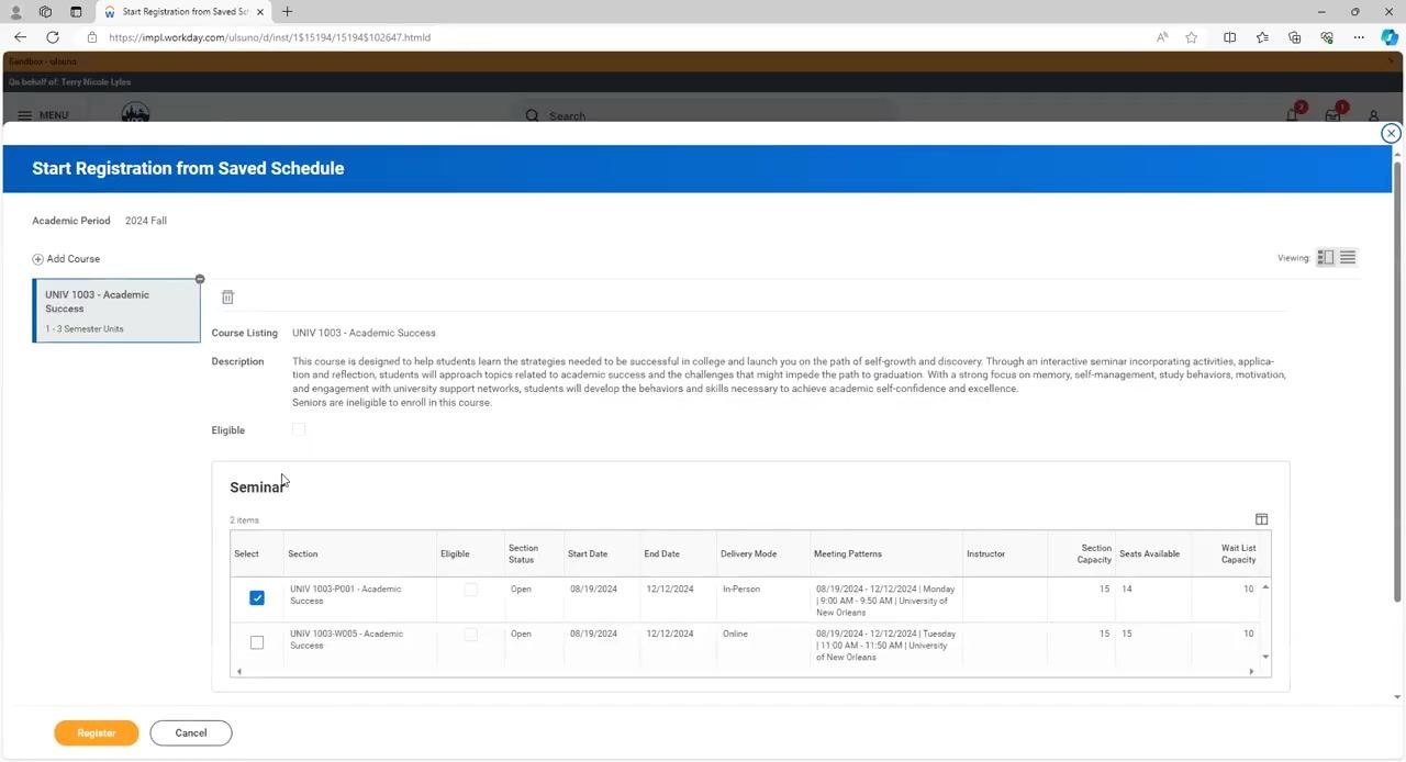 Unsuccessful Registrations screen showing the reason for failure and course details