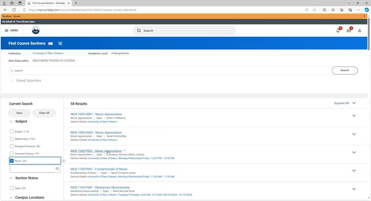 Academics dashboard with Find Course Sections highlighted in the Registration menu